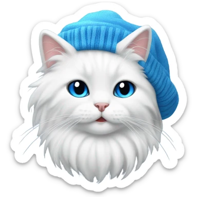 Thick fur white cute Cat wearing a blue beanie  sticker