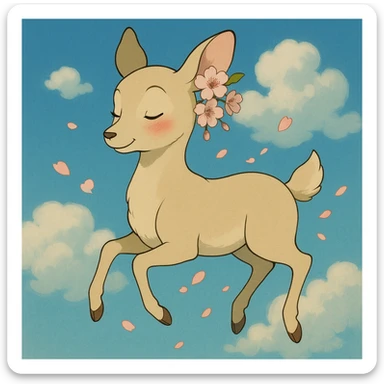 feminine adult vanilla cloud doe with rosy cheeks and cherry flowers, floating gracefully, Ghibli style sticker