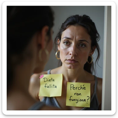 adult woman, photorealistic, close-up in front of mirror, post-it notes on mirror with writings 'Dieta fallita' and 'Perché non funziona?', sad expression, natural light, bathroom background sticker