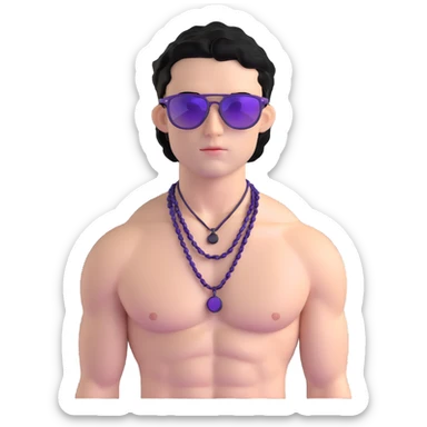 shirtless male athlete with white skin and moderately curly black hair on top with shaved sides, wearing purple sunglasses with black tinted lenses and a plain black chain necklace without pendant sticker