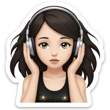 Girl with long dark hair, fair skin tone, wearing a black tank top, has glitter on her eyelids, and taupe lipstick, wearing white headphones, her hands are on her ears, and her hazel eyes are slightly close sticker