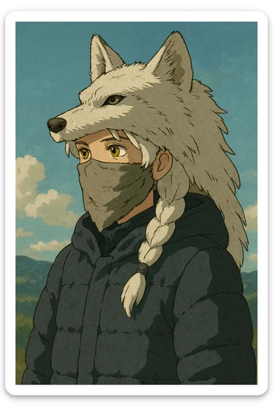 1 female, gold yellow eyes, white hair with a single long braid, wolf headdress, rag face covering, dark colored puffer parka, gazing into the distance sticker