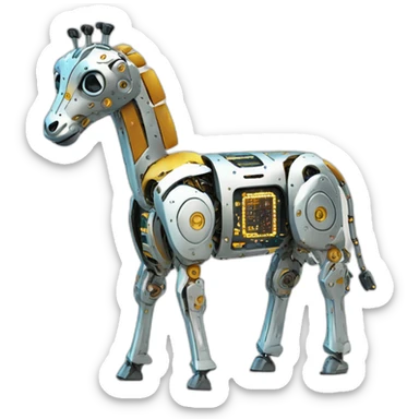 Una girafa robotica con patrones de circuitos brillantes en su piel, piernas con juntas móviles y piezas de metal relucientes sticker