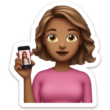 Girl with brown hair, strand in front, wearing pink with an iPhone in her hand sticker