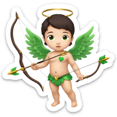 cupid asian baby flying full body with wings with brown eyes and dark hair handled bow and arrow directed to green emoji heart sticker