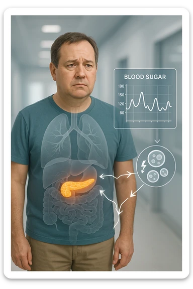 a middle-aged man stands in a clinical setting, with a semi-transparent overlay showing his internal organs. His pancreas is highlighted, and glowing lines or icons indicate disrupted insulin signaling between the pancreas and muscle or fat cells. The man’s expression is slightly concerned, and a digital chart beside him displays fluctuating blood sugar levels. The lighting is realistic, with a clean, modern medical background. sticker