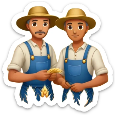 two medieval farmers, working a field of wheat crops. Surrounded by a landscape and small houses sticker