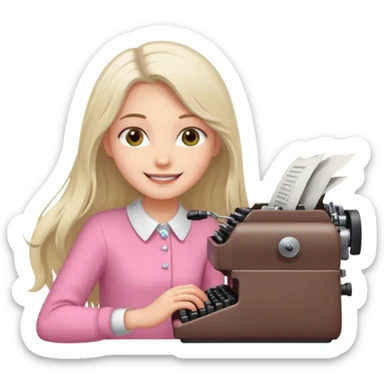 smiling white long brunette hair girl with hazel eyes wearing pink typing on a typewriter sticker