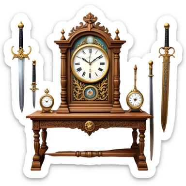 Icon for Antiques Collecting: a vintage clock, intricately carved furniture, famous paintings, antique swords, and rifles. The items are displayed on a wooden table or shelf. The icon should evoke the rich history and craftsmanship of antique collecting. Transparent background. sticker