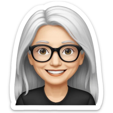 femme 60ans  avec de long cheveux blanc et des lunettes rectangles noir sourrir sticker