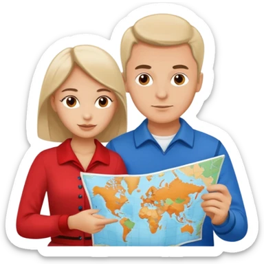 Russian man and elegant turkish girl in cute outfits with a map planning  sticker