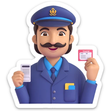Pakistani bus conductor standing with ticket pouch, smiling, wearing shalwar kameez, mustache, energetic, South Asian features, plain background sticker