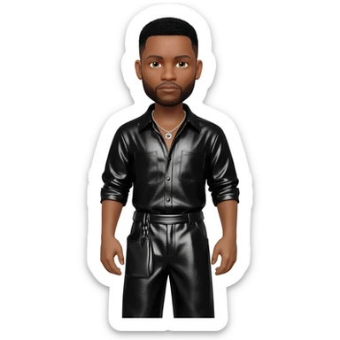 Gerald Levert with black short hair and short beard, black metallic shirt, black metallic baggy pants, silver necklace sticker