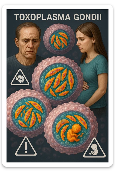 Toxoplasma gondii, infetta uomo immunodepresso e donne incinta. Causando gravi problemi tutto scritto in italiano immagine iperrealistica sticker