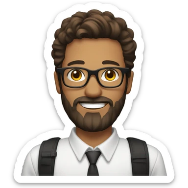 man with black round glasses, smiling, brown hair and beard and a side swept hairstyle, holding a cell phone sticker