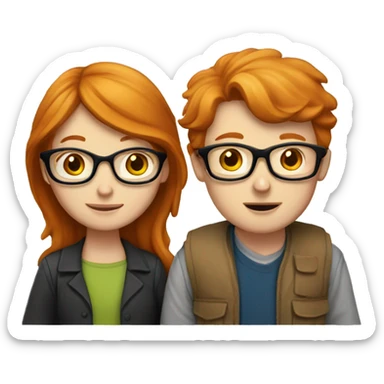 a ginger girl and a brunette boy, both with glasses. they have books in front of them, learn sticker