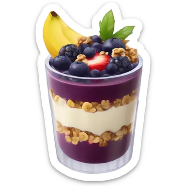 Açaí in a clear cup with layers of fruits and granola and condensed milk sticker