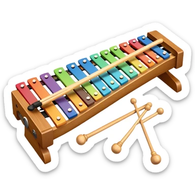 Create a vibrant and detailed emoji representing a Fleet FLT-SX37 xylophone. The design should feature the sleek wooden keys of the xylophone, arranged neatly on the frame, with metal bars clearly visible. Add the mallets placed beside the instrument or in motion, highlighting their soft rubber heads. Use warm, natural wood tones for the keys, with subtle metallic accents to reflect the professional quality of the instrument. Add small musical notes or soundwaves around the xylophone to evoke its bright, percussive sound. The background should be transparent. sticker