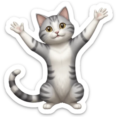 grey and white cat doing a big long stretch reaching up into the airwith arms together sticker