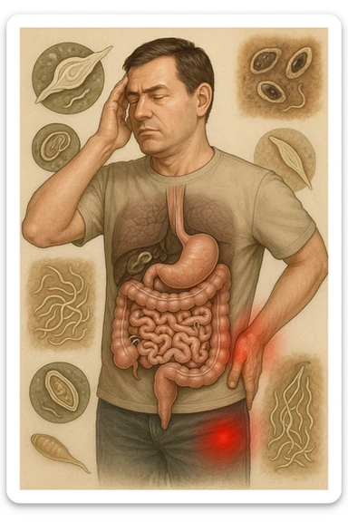 uomo che ignora i suoi un mal di testa, mal di schiena e dolore articolare e ignora ogni segnale e messaggio che il corpo manda per avvertirlo, ma alla fine dipendono tutto dai parassiti intestinali realistica sticker