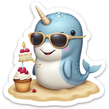 narwhal eating cake on the beach with sunglasses￼ sticker