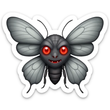 Create a scary emoji of the Mothman with bright red eyes and as depicted in the legend. Make it less bird like and more Moth / Human hybrid sticker