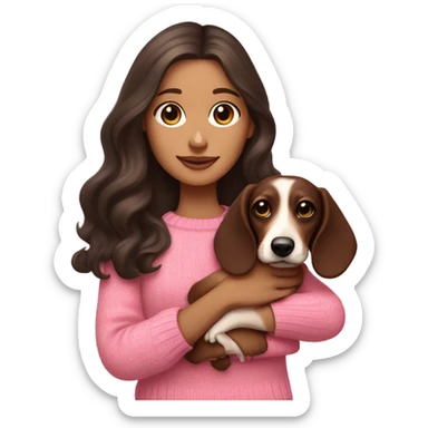 Dark Brunette white girl with long wavy hair in a pink sweater holds a dark brown and cream dachshund long-haired puppy in her arms sticker
