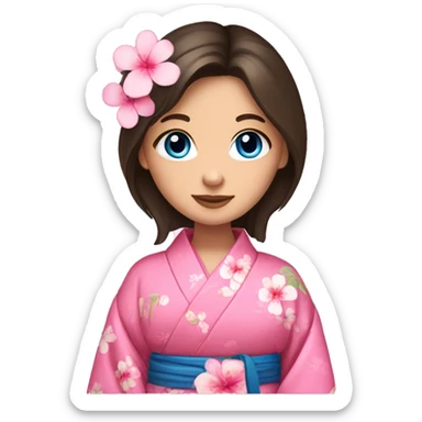 cute brunette girl with blue eyes in pink flower kimono sticker