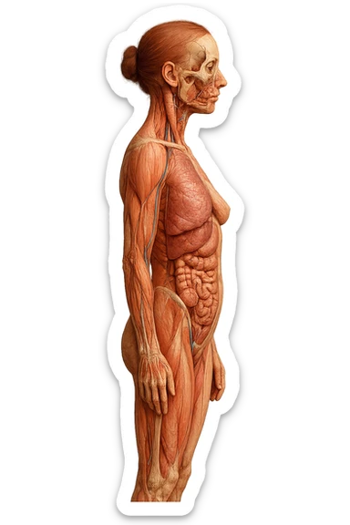 corpo umano anatomico di profilo di una donna con fondoschiena piatto, iperrealistico 4k sticker