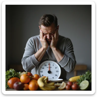 realistic 4K image of a man weighing himself on a scale, worried face, next to a pile of healthy foods, realistic atmosphere sticker
