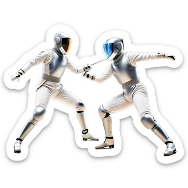 Two fencers in full protective gear duel on a professional piste, their foils clashing in mid-air. The background features a dynamic blur, symbolizing speed and precision. The scene is illuminated by bright arena lights, emphasizing the intensity of the match. Transparent background. sticker