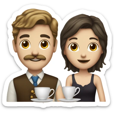a white brunette girl and a white boy with dark blond hair and a mustache drinking together a cup of tea sticker