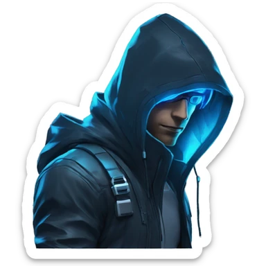 developer behind his laptop with this style : crysis Cyberpunk Valorant neon glowing bright blue character blue black hooded assassin themed character sticker