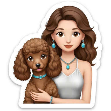 girl with long brown balayage hair and long lashes, wearing halterneck top and earings, holding a brown poodle, sticker