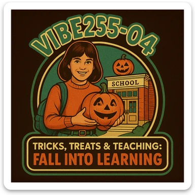 Create a logo that encompasses a retro 80's feel, nostalgic, ALSO RETRO.  Add the words "VIBE25-04: Tricks, Treats & Teaching: Fall Into Learning" sticker