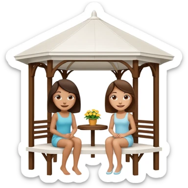 Two small brunette women sitting under a large white gazebo sticker