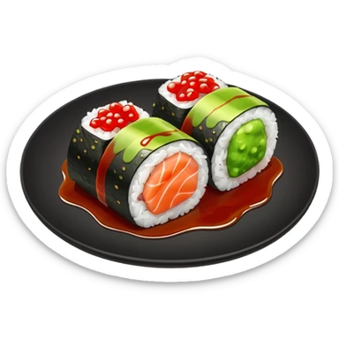 sushi roll on plate with green wasabi blob and small red chili sticker