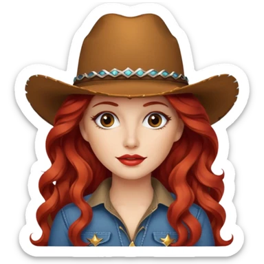 Lady with long red wavy hair wearing a cowboy hat and a lot of makeup sticker