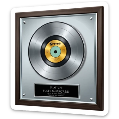A platinum music award plaque: a square, polished platinum plate with a subtly textured, mirror-like finish, mounted on a simple dark wood base. The center features a relief of a or stylized vinyl record in a slightly darker metallic tone.  sticker