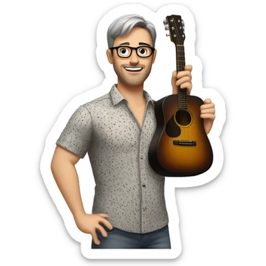 A male music teacher with short grey and brown hair, with very light stubble,  black rectangle glasses, wearing a short sleeve button up patterned shirt, muscular body type, holding a guitar sticker