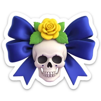 gothic bow, midnight blue velvet, silver skull charm, black rose center, elegant and gothic sticker
