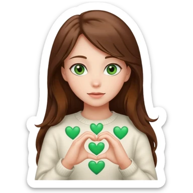 Girl green eyes brown long hair white warm sweater doing hands heart sticker