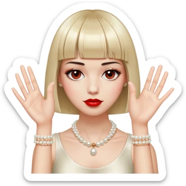  Face and Hair: The figure has a short, blunt bob haircut with straight bangs. She has long eyelashes and red lipstick  Jewelry and Accessories: The figure wears a pearl necklace and a bracelet, both depicted with small, evenly spaced circles. The right wrist has a bracelet, and the left hand is bare. Hands and Pose: Two disembodied hands are raised near the face. The fingers are splayed, creating a gesture that suggests frustration, stress, or theatrical exasperation. The posture feels very performative, almost frozen in mid-drama. sticker
