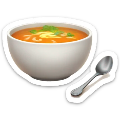 Design a sweet, homely emoji showing a warm bowl of soup on a wooden table, with soft steam rising and a cozy, inviting background. sticker