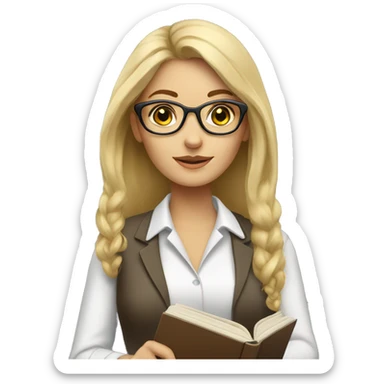 Woman teacher blonde long hair brown glasses with book sticker