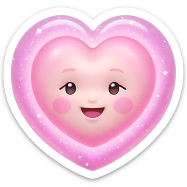 Cinematic floating soft heart, chubby round edges, pastel pink glow, tiny smiling face, surrounded by dreamy sparkles, gentle and loving. sticker