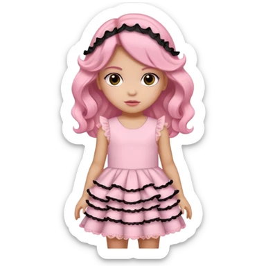 Una niña con un vestido rosa pastel con volados y encajes con cabello negro medio ondulado y dos moños como accesorio de cabello. ojos negros  sticker