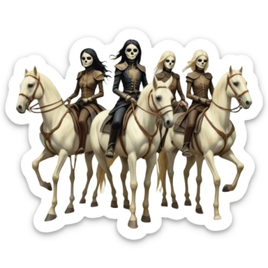cinematic - aesthetic brilliant divine lighting, oil paint - ivory Four thin women as riders of the Apocalypse, after a graphic by Albrecht Dürer in a desolate landscape on horse skeletons sticker