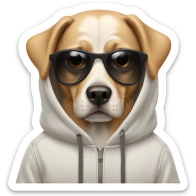 Dog wearing sunglasses and a hoodie sticker