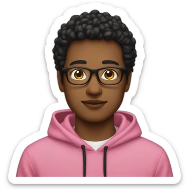 A young man wearing glasses, a pink hoodie, and black hai  sticker